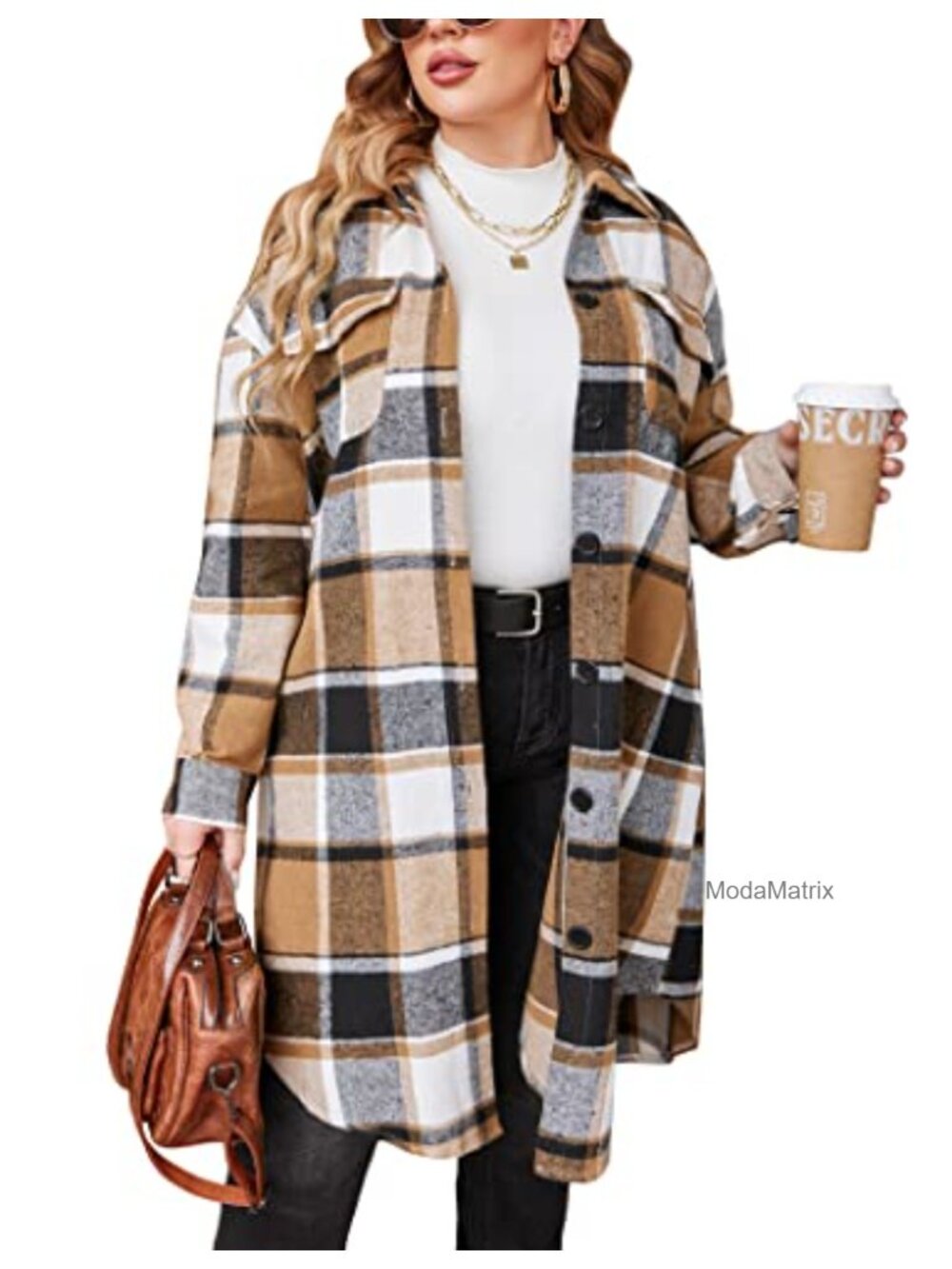 Womens Plus Size Flannel Plaid Shacket Long Sleeve Button Down Midi Shirt Jacket